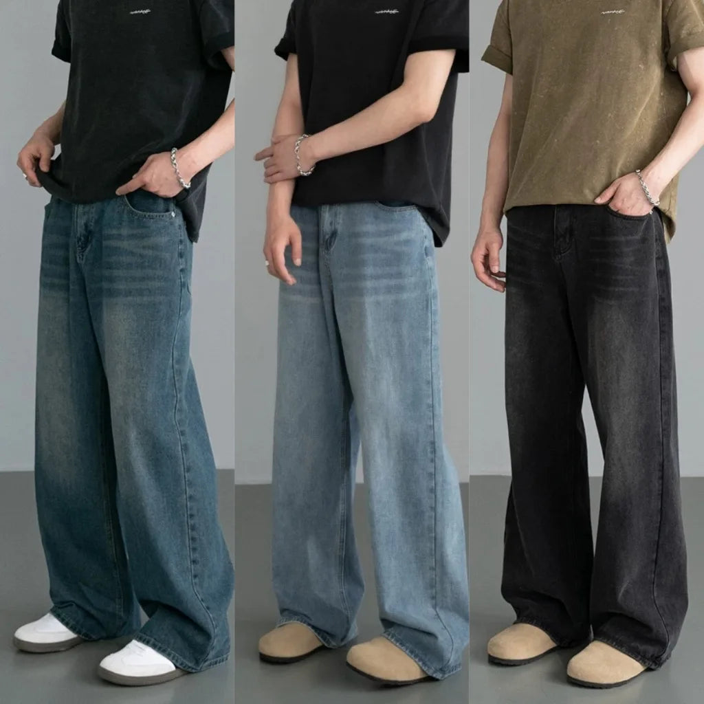 Spring Summer Men's Denim Pants Old Blue Washed Male Jeans Straight Casual Menwear Loose New Fashion  Wide Leg Trousers