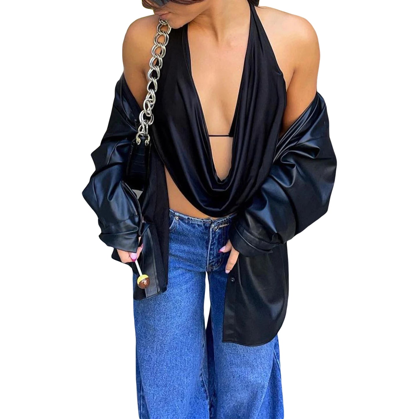 New Fashion Women Halterneck Tops Summer Casual Front Draped Bandage Backless Sleeveless Tops Streetwear