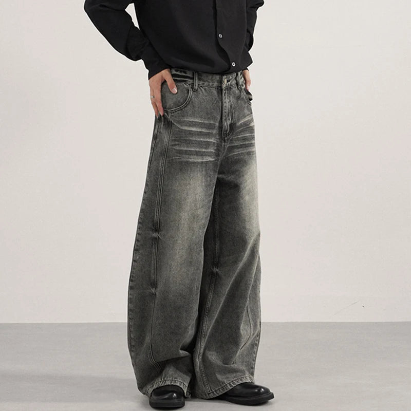 IEFB Men's Jeans Washing Solid Color Wide Leg Casual Streetwear Silhouette Worn-out Baggy Autumn Trendy Male Denim Pants 9W4160