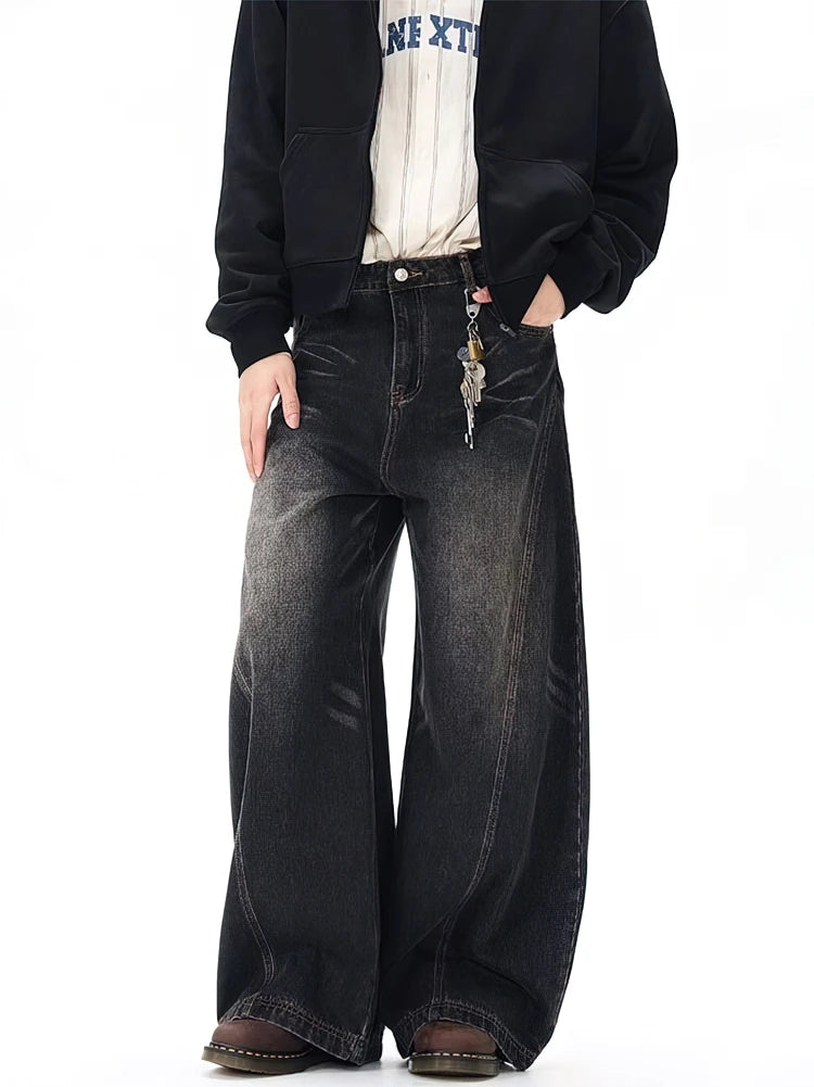 Vintage Black Washed Baggy Jeans Pants Men Wide leg Curved Blade Pants Streetwear Cowboy Casual Denim Straight Trousers