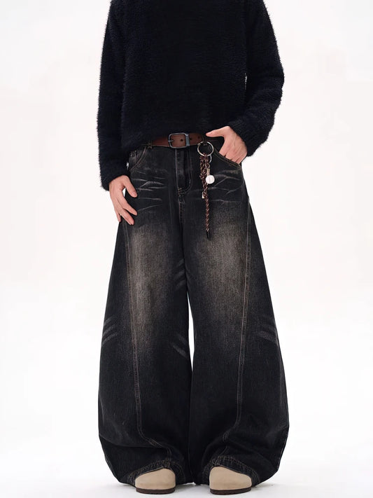 Vintage Black Washed Baggy Jeans Pants Men Wide leg Curved Blade Pants Streetwear Cowboy Casual Denim Straight Trousers