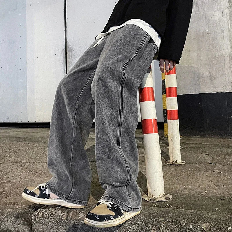 Good Quality Streetwear Loose Jeans Men Korean Style Fashion Loose Straight Wide Leg Pants Men's Brand Clothing Black Light Blue