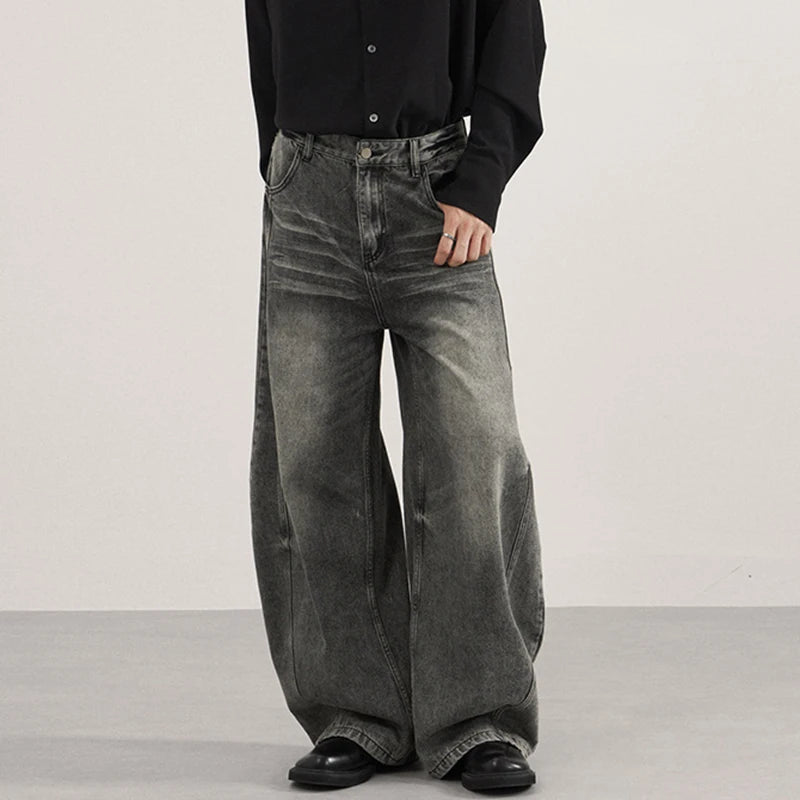IEFB Men's Jeans Washing Solid Color Wide Leg Casual Streetwear Silhouette Worn-out Baggy Autumn Trendy Male Denim Pants 9W4160
