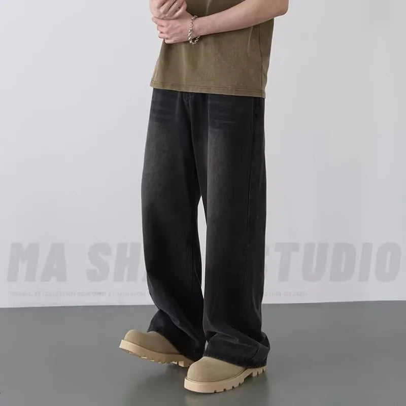 Spring Summer Men's Denim Pants Old Blue Washed Male Jeans Straight Casual Menwear Loose New Fashion  Wide Leg Trousers