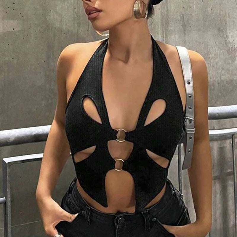 Sexy Black Halter Women's Y2k Crop Tops Sleeveless Hollowing Out Backless Fashion Female 2024 New Summer Grunge Slim Tank Tops