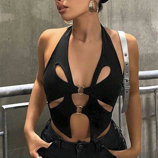 Sexy Black Halter Women's Y2k Crop Tops Sleeveless Hollowing Out Backless Fashion Female 2024 New Summer Grunge Slim Tank Tops