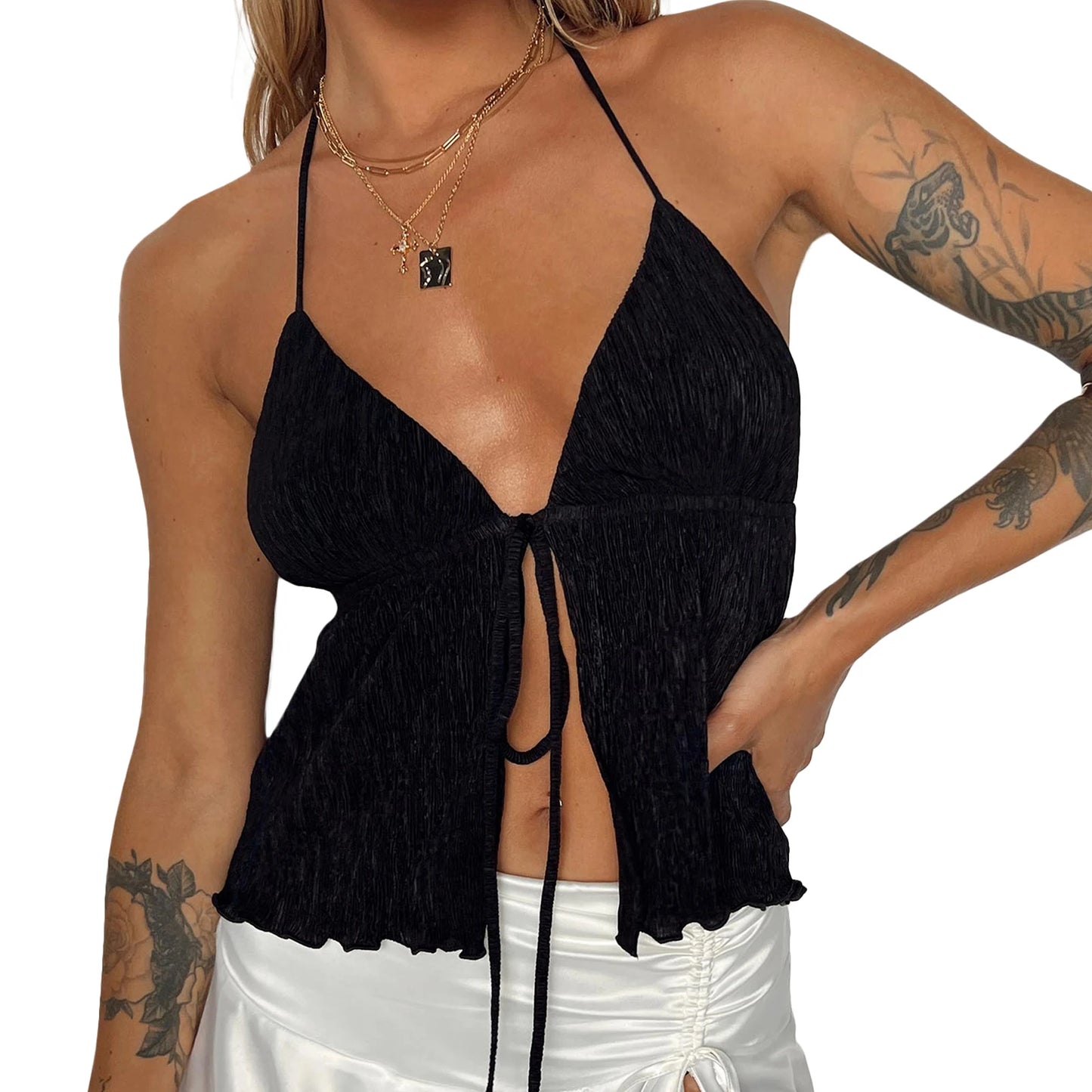 Women Y2K Front Tie Top Sexy Deep V Neck Halter Tank Top Sleeveless Spaghetti Strap Cami Top Flowy Streetwear