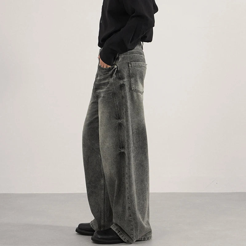 IEFB Men's Jeans Washing Solid Color Wide Leg Casual Streetwear Silhouette Worn-out Baggy Autumn Trendy Male Denim Pants 9W4160