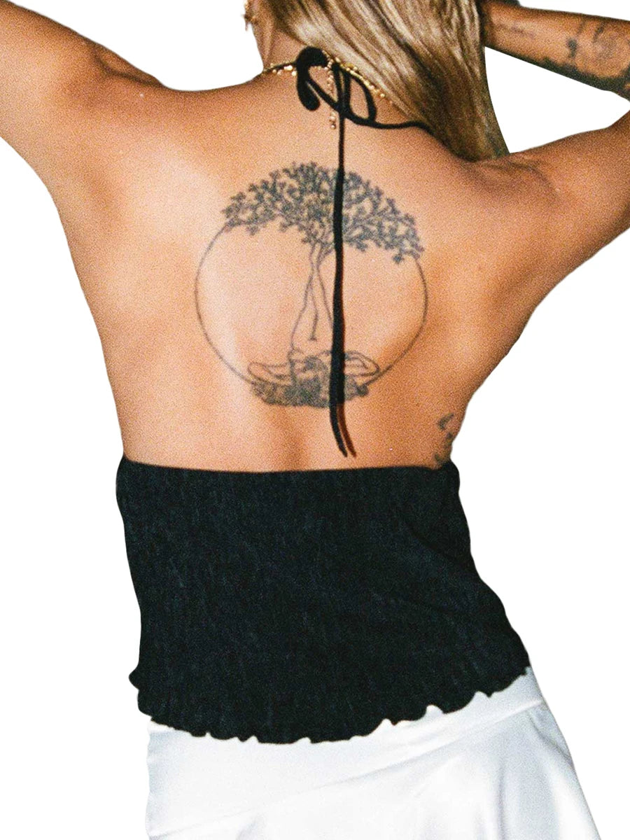 Women Y2K Front Tie Top Sexy Deep V Neck Halter Tank Top Sleeveless Spaghetti Strap Cami Top Flowy Streetwear