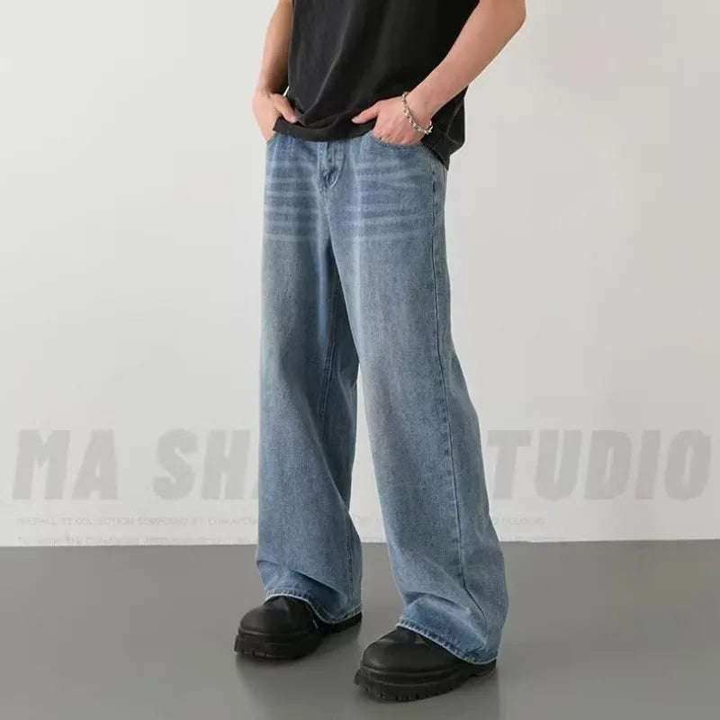 Spring Summer Men's Denim Pants Old Blue Washed Male Jeans Straight Casual Menwear Loose New Fashion  Wide Leg Trousers