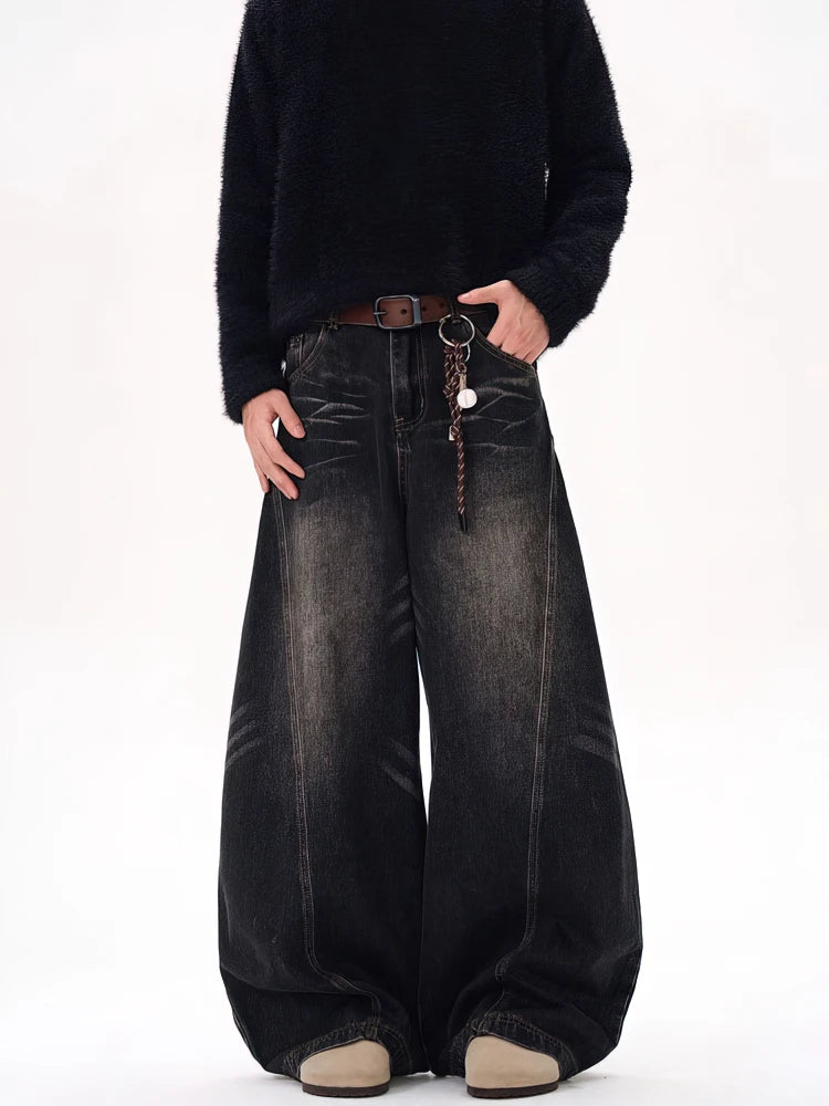 Vintage Black Washed Baggy Jeans Pants Men Wide leg Curved Blade Pants Streetwear Cowboy Casual Denim Straight Trousers