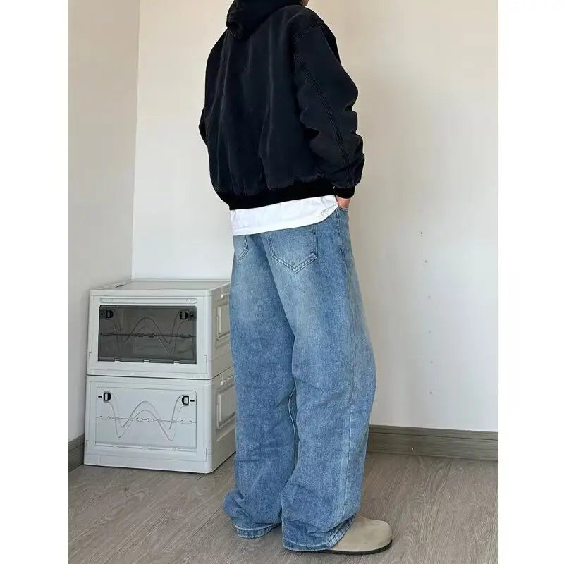 Men's Baggy Jeans Y2k Straight Leg Mid Waisted Solid Streetwear Loose Fit Vintage Hip Hop Denim Pants