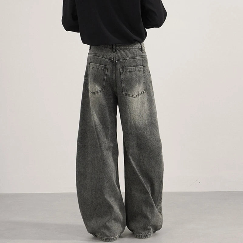 IEFB Men's Jeans Washing Solid Color Wide Leg Casual Streetwear Silhouette Worn-out Baggy Autumn Trendy Male Denim Pants 9W4160