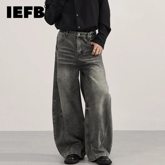 IEFB Men's Jeans Washing Solid Color Wide Leg Casual Streetwear Silhouette Worn-out Baggy Autumn Trendy Male Denim Pants 9W4160