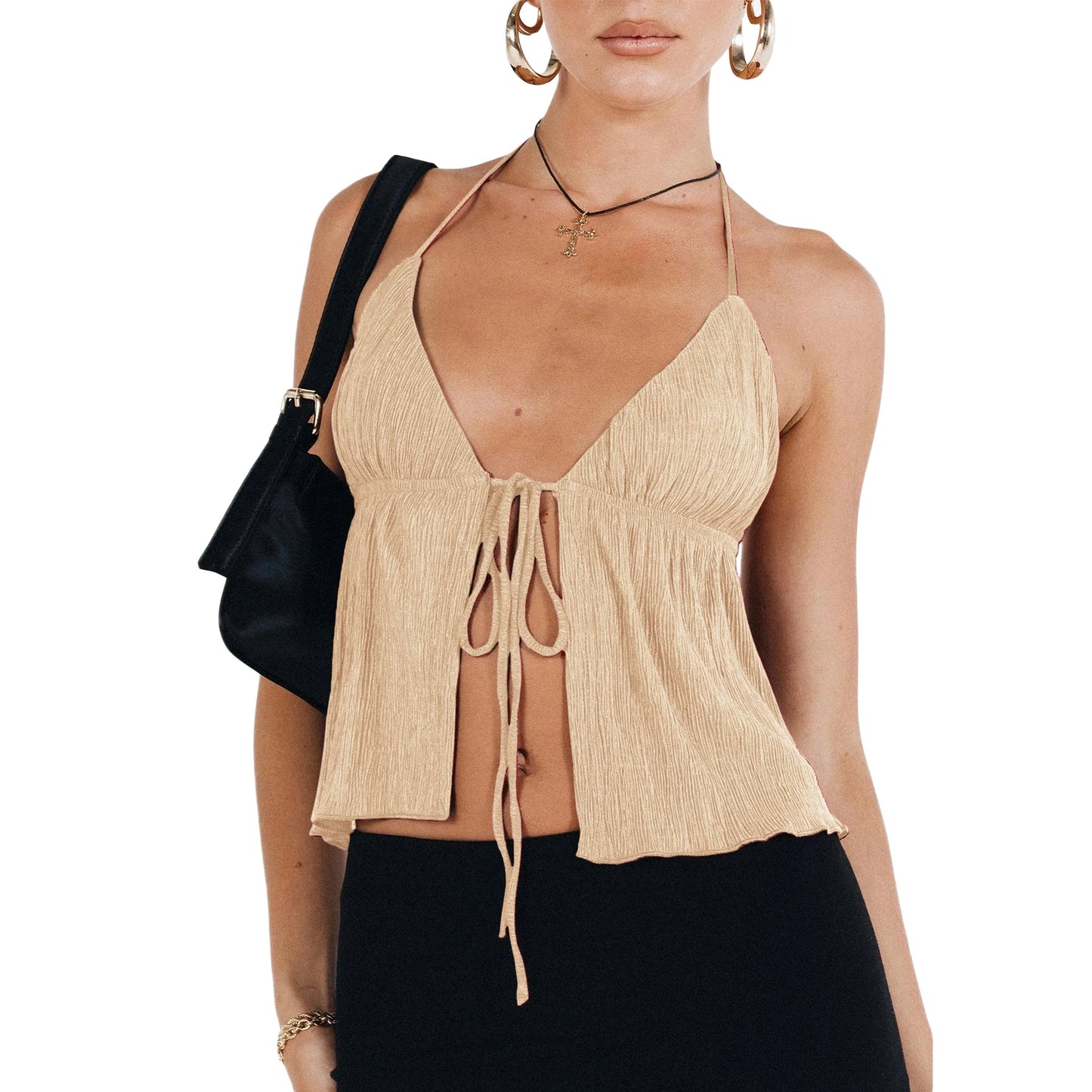 Women Y2K Front Tie Top Sexy Deep V Neck Halter Tank Top Sleeveless Spaghetti Strap Cami Top Flowy Streetwear