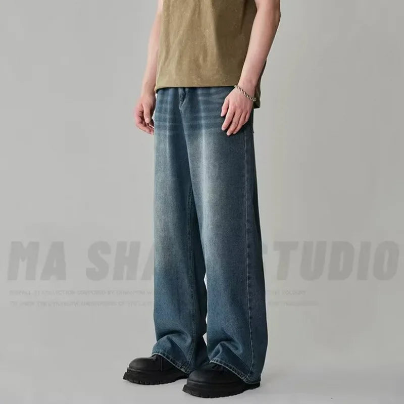 Spring Summer Men's Denim Pants Old Blue Washed Male Jeans Straight Casual Menwear Loose New Fashion  Wide Leg Trousers