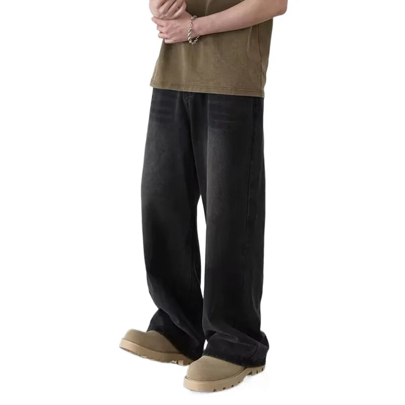 Spring Summer Men's Denim Pants Old Blue Washed Male Jeans Straight Casual Menwear Loose New Fashion  Wide Leg Trousers