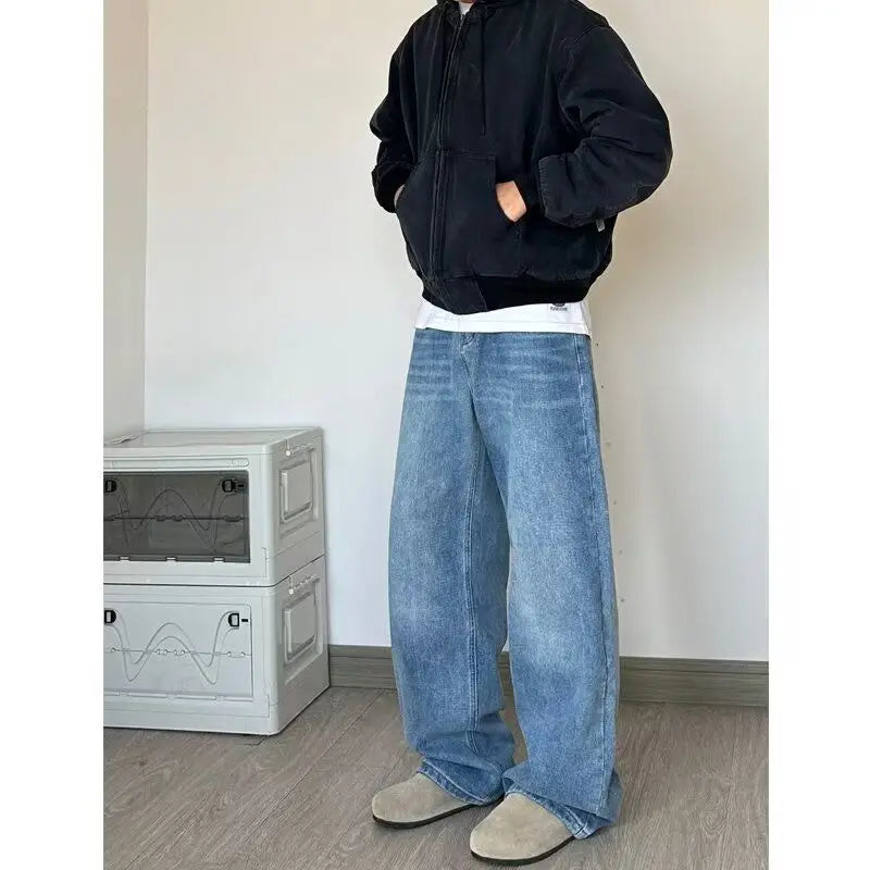 Men's Baggy Jeans Y2k Straight Leg Mid Waisted Solid Streetwear Loose Fit Vintage Hip Hop Denim Pants