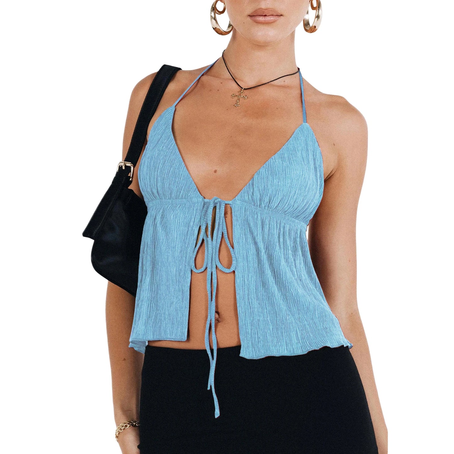 Women Y2K Front Tie Top Sexy Deep V Neck Halter Tank Top Sleeveless Spaghetti Strap Cami Top Flowy Streetwear