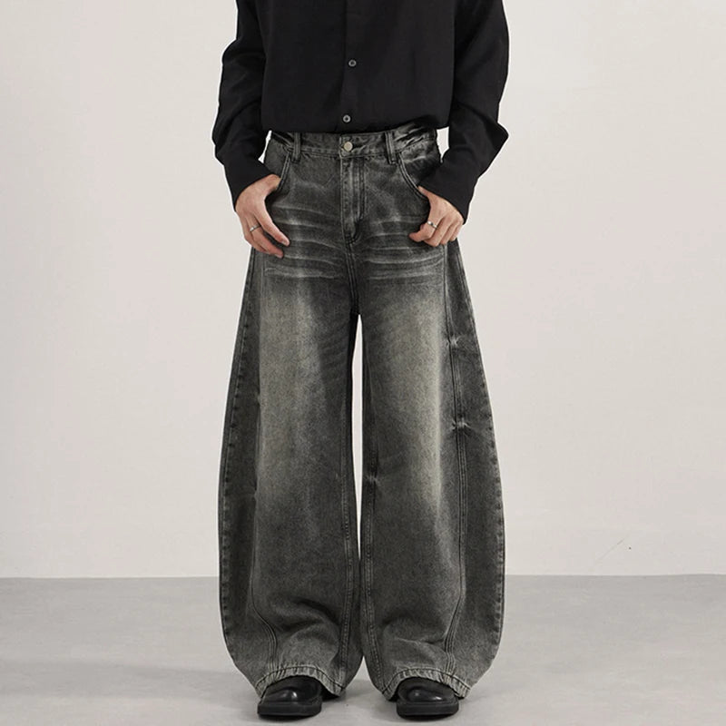 IEFB Men's Jeans Washing Solid Color Wide Leg Casual Streetwear Silhouette Worn-out Baggy Autumn Trendy Male Denim Pants 9W4160