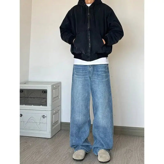 Men's Baggy Jeans Y2k Straight Leg Mid Waisted Solid Streetwear Loose Fit Vintage Hip Hop Denim Pants