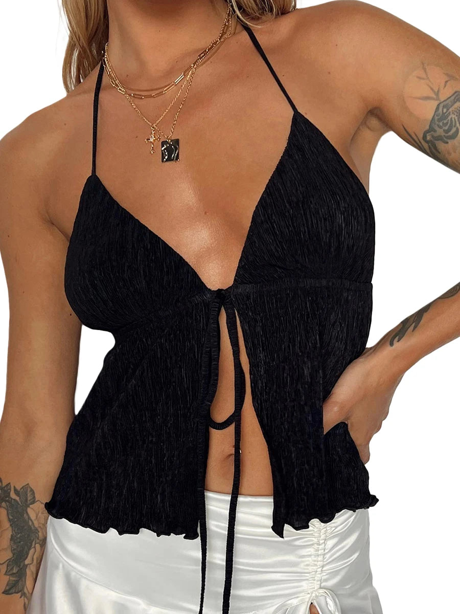 Women Y2K Front Tie Top Sexy Deep V Neck Halter Tank Top Sleeveless Spaghetti Strap Cami Top Flowy Streetwear