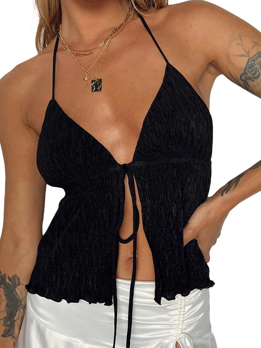Women Y2K Front Tie Top Sexy Deep V Neck Halter Tank Top Sleeveless Spaghetti Strap Cami Top Flowy Streetwear