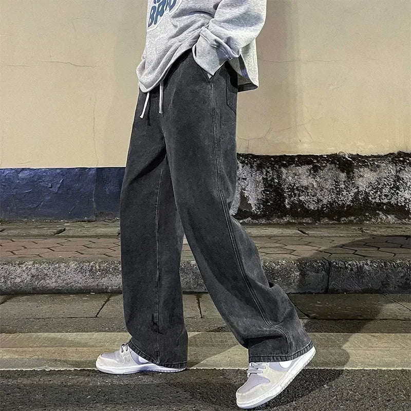 Good Quality Streetwear Loose Jeans Men Korean Style Fashion Loose Straight Wide Leg Pants Men's Brand Clothing Black Light Blue