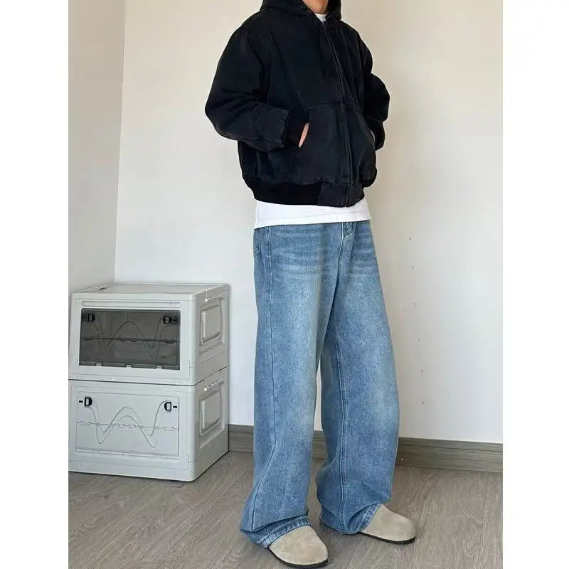 Men's Baggy Jeans Y2k Straight Leg Mid Waisted Solid Streetwear Loose Fit Vintage Hip Hop Denim Pants
